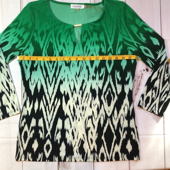 CALVIN KLEIN Green Black Bateau Neck Silky 3/4 sleeve top Women’s size small - Picture 11 of 13